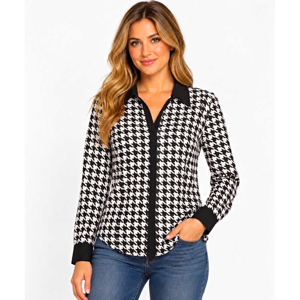Worthington Womens Black White Houndstooth Button Collared Shirt 10 Alabama Top